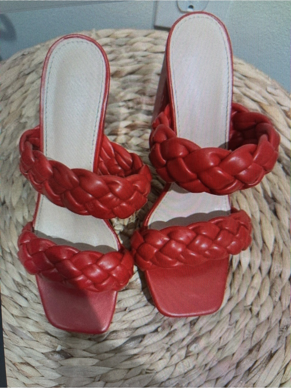 Womenâs Red Braided Double-Strap Slide Heels